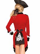 Female British red coat soldier, costume dress, ruffles, buttons, velvet